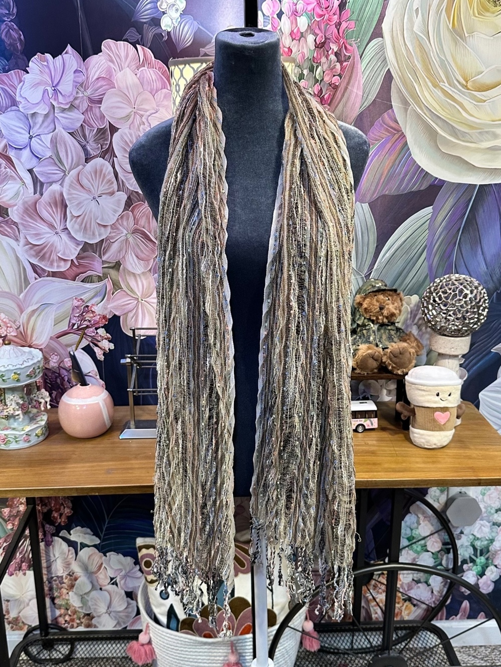 One Size Multicolor Metallic Fringe Scarf Boho Textured Ribbon Yarn Festival